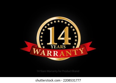 13 years golden warranty logo with ring and red ribbon isolated on black background, vector design for product warranty, guarantee, service, corporate, and your business.