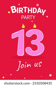 13 years old. Pink candle numbers burn on a pink background. Party invitation.  