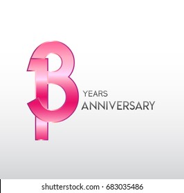 13 years pink anniversary. with overlapping number. for business, corporate, wedding, love, valentine logo celebration