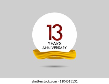 13 years red anniversary vector design inside white circle with golden ribbon for celebration event 