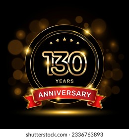 130 year anniversary logo with a gold emblem shape and red ribbon, logo template vector