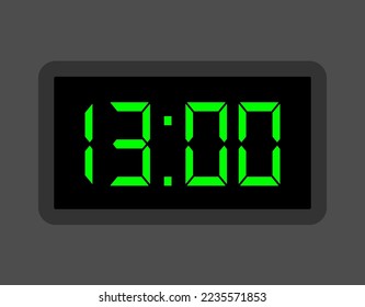 13:00 hours digital clock. Alarm clock design for schedule. Timer icon with digital numbers for appointments and business