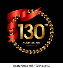 130th Anniversary Celebration. Anniversary Logo Design with Laurel Wreath and Red Ribbon for Celebration Event, Wedding, Invitation, Greeting Card. Logo Vector Illustration