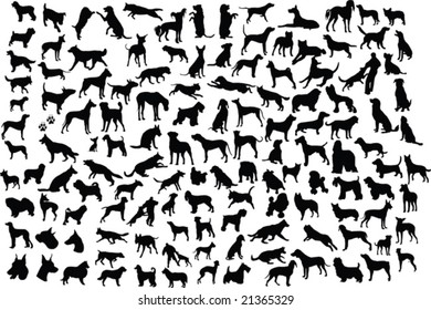 131 silhouettes of different breeds of dogs in action and static
