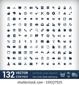 132 Universal Outline Icons For Web and Mobile. Perfectly pixel aligned icon set for sharp presentation in small sizes. Single color business icons or symbols for interface wireframe or infographics. 