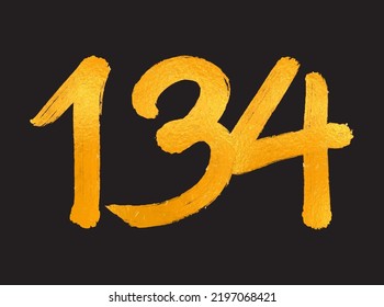 134 Number logo vector illustration, 134 Years Anniversary Celebration Vector Template,  134th birthday, Gold Lettering Numbers brush drawing hand drawn sketch, number logo design for print, t shirt
