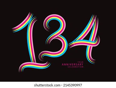 134 years anniversary celebration logotype colorful line vector, 134th birthday logo, 134 number, Banner template, vector design template elements for invitation card and poster.