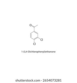 1-(3,4-Dichlorophenyl)-ethanone skeletal structure. halogen ketone compound schematic illustration. Simple diagram, chemical formula.