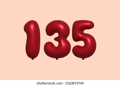 135 3d number balloon made of realistic metallic air balloon 3d rendering. 3D Red helium balloons for sale decoration Party Birthday, Celebrate anniversary, Wedding Holiday. Vector illustration