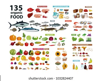 135 organic products. Natural food (meat products, vegetables, fruits, dairy products) in a set with categories. Isolate on white background