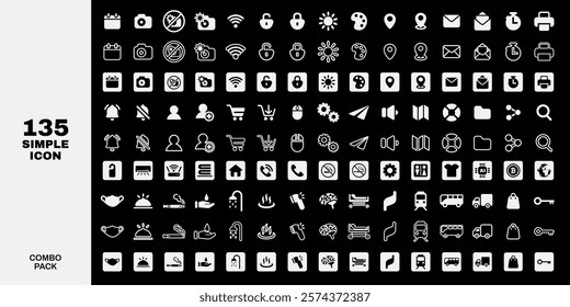 135 simple icons in a combo pack. Simple icons for apps, web, and design. Versatile simple icons for diverse uses. Black and white simple icons for easy integration. User interface icon vector set.