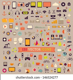 135 vector icons. Big set. Traveling, Business, Economy, Web, Internet, Ecology, Market, Phones, Tablet computers, Music, Gadgets vintage colors icons.