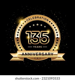 135 year anniversary logo with a number and golden ribbon, vector template