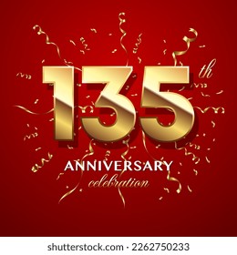 135th Anniversary Celebration. logo design with golden numbers and text for birthday celebration event, invitation, wedding, greeting card, banner, poster, flyer, brochure. Logo Vector Template