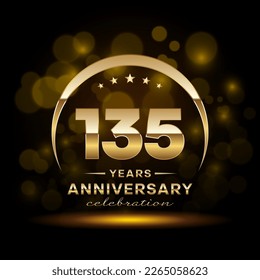 135th Anniversary Celebration. Logo design with golden ring and text for anniversary celebration event, invitation, wedding, greeting card, banner, poster, flyer, brochure. Logo Vector Template