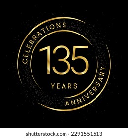 135th anniversary, golden anniversary with a circle, line, and glitter on a black background.