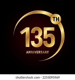 135th anniversary. Anniversary logo design concept with golden ring for anniversary celebration event, invitation card, greeting card, banner, poster, flyer, book cover. Logo Vector Template