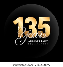 135th anniversary logo design concept. Golden number with silver color text. Logo Vector Template Illustration