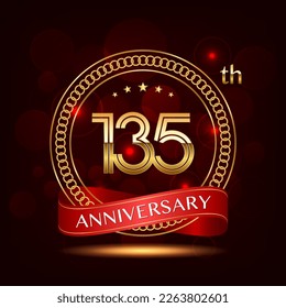 135th Anniversary logo design with golden number and red ribbon for anniversary celebration event, invitation, wedding, greeting card, banner, poster, flyer, brochure, book cover. Logo Vector Template