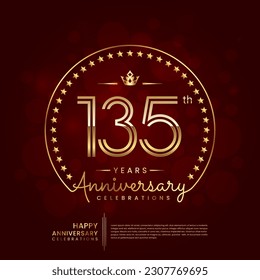 135th anniversary logo with double line number and golden text for birthday celebration event, invitation, banner poster, flyer, and greeting card, vector template