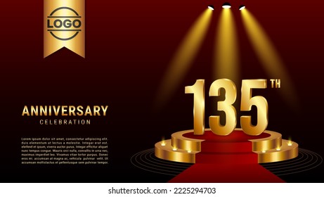 135th Anniversary. Template design with golden stage for celebration event, wedding, greeting card and invitation card. Vector illustration EPS10