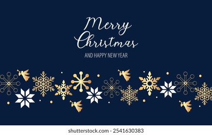 Заголовок ✒️ (136 символи, 21 слова)
Charming holiday card featuring Merry Christmas and Happy New Year in stylish script, adorned with festive gold and white snowflakes and decorative elements