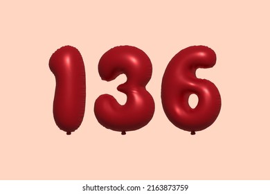 136 3d number balloon made of realistic metallic air balloon 3d rendering. 3D Red helium balloons for sale decoration Party Birthday, Celebrate anniversary, Wedding Holiday. Vector illustration