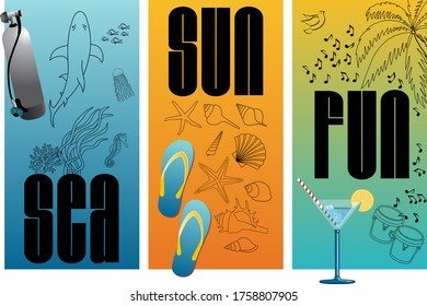 136/5000 Poster with a triptych on the theme of the sea, the sun and fun during the summer holidays in blue and orange colors.