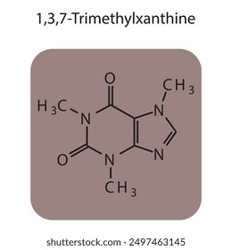 1,3,7 Trimethylxzanthine skeletal structure schematic illustration, nucleobase molecule.
