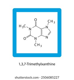 1,3,7 Trimethylxzanthine skeletal structure schematic illustration, nucleobase molecule.
