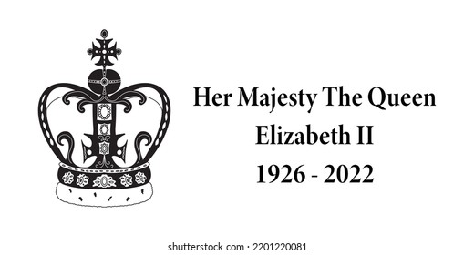 13.9.2022, United Kingdom. Her Majesty The Queen Elizabeth II 1926 - 2022. Vector Black And White Memorial Banner Design With Royal Crown Silhouette. Rest In Peace