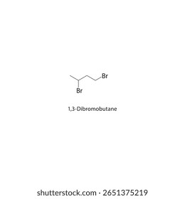 Estrutura esquelética de 1,3-dibromobutano Ilustração esquemática do composto de alcano halogenado. Diagrama simples, fórmula química.