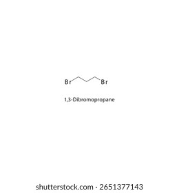 Estrutura esquelética de 1,3-dibromopropano Ilustração esquemática do composto de alcano halogenado. Diagrama simples, fórmula química.