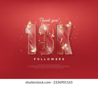 13k followers celebration. with glass figures on a red background.