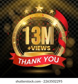 13M+ Views Logotype with Gold and red Confetti Isolated on Black Background(PNG), Vector design for video display celebration.