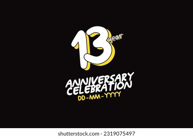  13rd, 13 years, 13 year anniversary with white character with yellow shadow on black background-vector