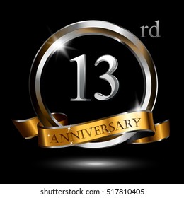 13rd silver and gold anniversary logo, vector celebration design with ring and ribbon.