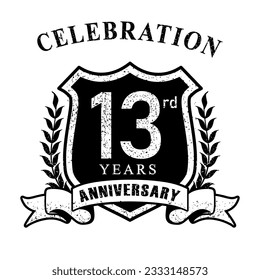 13rd years anniversary logo vintage style black and white. Vector illustration.
