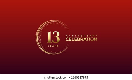 13th Anniversary background with an illustration of gold Colored figures with a circular glitter on a red background.