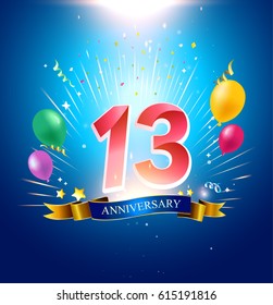 13th Anniversary with balloon, confetti, and blue background.