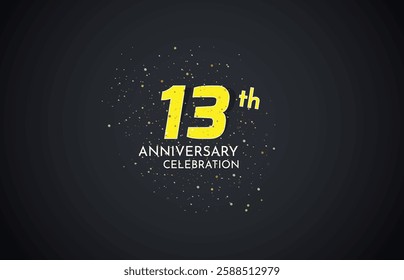13th Anniversary celebration, 13 Anniversary celebration, Realistic 3d sign, Black background, festive illustration, White Yellow number 13 sparkling confetti, 13,14