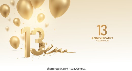 Antecedentes de la celebración del 13° Aniversario. Números dorados con cinta doblada, confeti y globos.