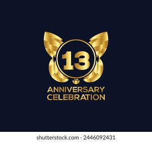 13th anniversary celebration day with gold color Light bright modern logo Design element