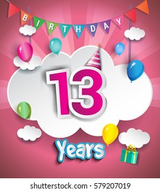13th Anniversary Celebration Design, with clouds and balloons. using Paper Art Design Style, Vector template elements for your, thirteen years birthday celebration party.