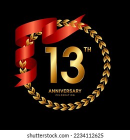 13th Anniversary Celebration. Anniversary Logo Design with Laurel Wreath and Red Ribbon for Celebration Event, Wedding, Invitation, Greeting Card. Logo Vector Illustration