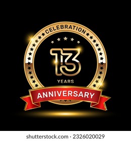 13th anniversary celebration logo design with golden color emblem style and red ribbon, vector template