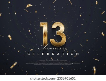 Celebración del 13 aniversario, diseño vectorial 3d con oro lujoso y brillante. Fondo vectorial premium para saludos y celebraciones.