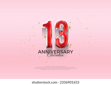 Celebración del 13 aniversario, diseño vectorial 3d con oro lujoso y brillante. Fondo vectorial premium para saludos y celebraciones.