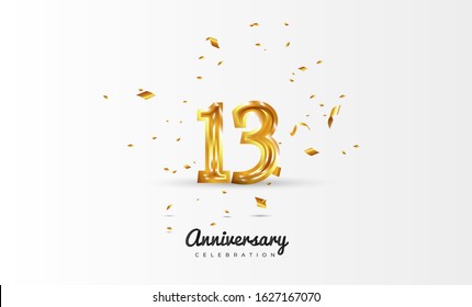 13th Anniversary celebration Vector background by using two colors in the design between gold and white, Golden number 13 with sparkling confetti Realistic gold 3d sign. Birthday or wedding party