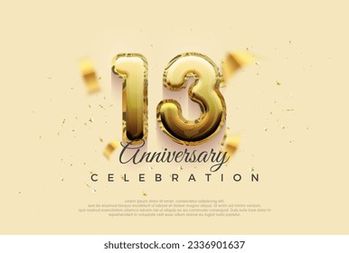 Celebración del 13° aniversario, diseño vectorial con brillante ilustración de globos dorados. Fondo vectorial premium para saludos y celebraciones.